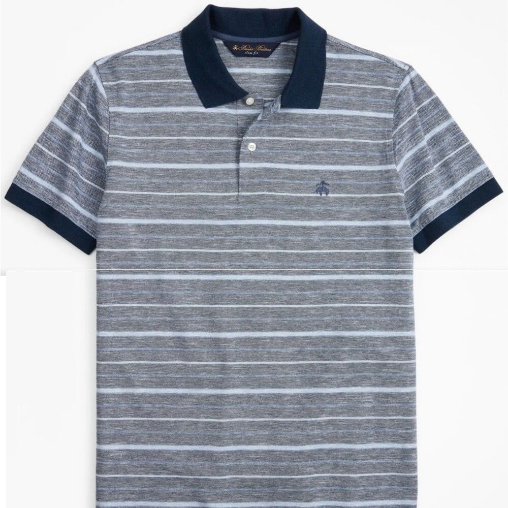 Brooks Brothers Striped Linen Cotton Polo Shirt Size L Blue Navy Slim Fit Golf